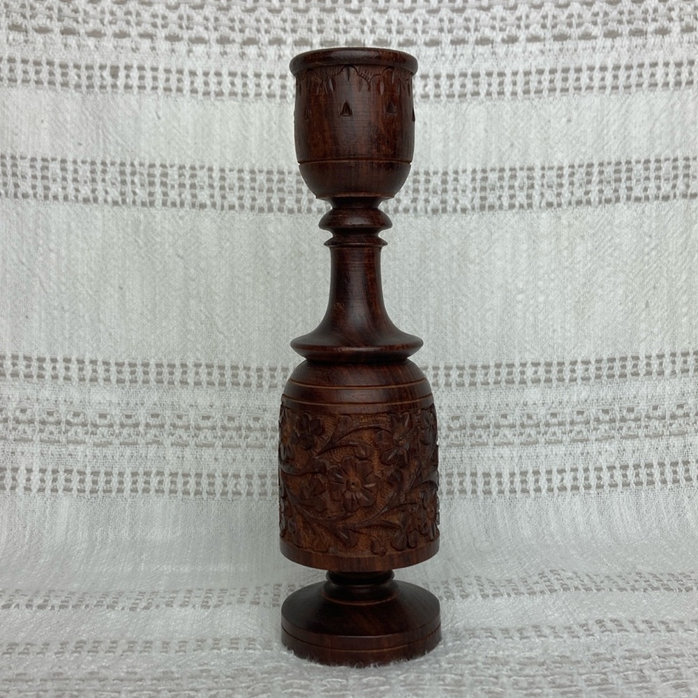 Carved Wood Candlestick Holder